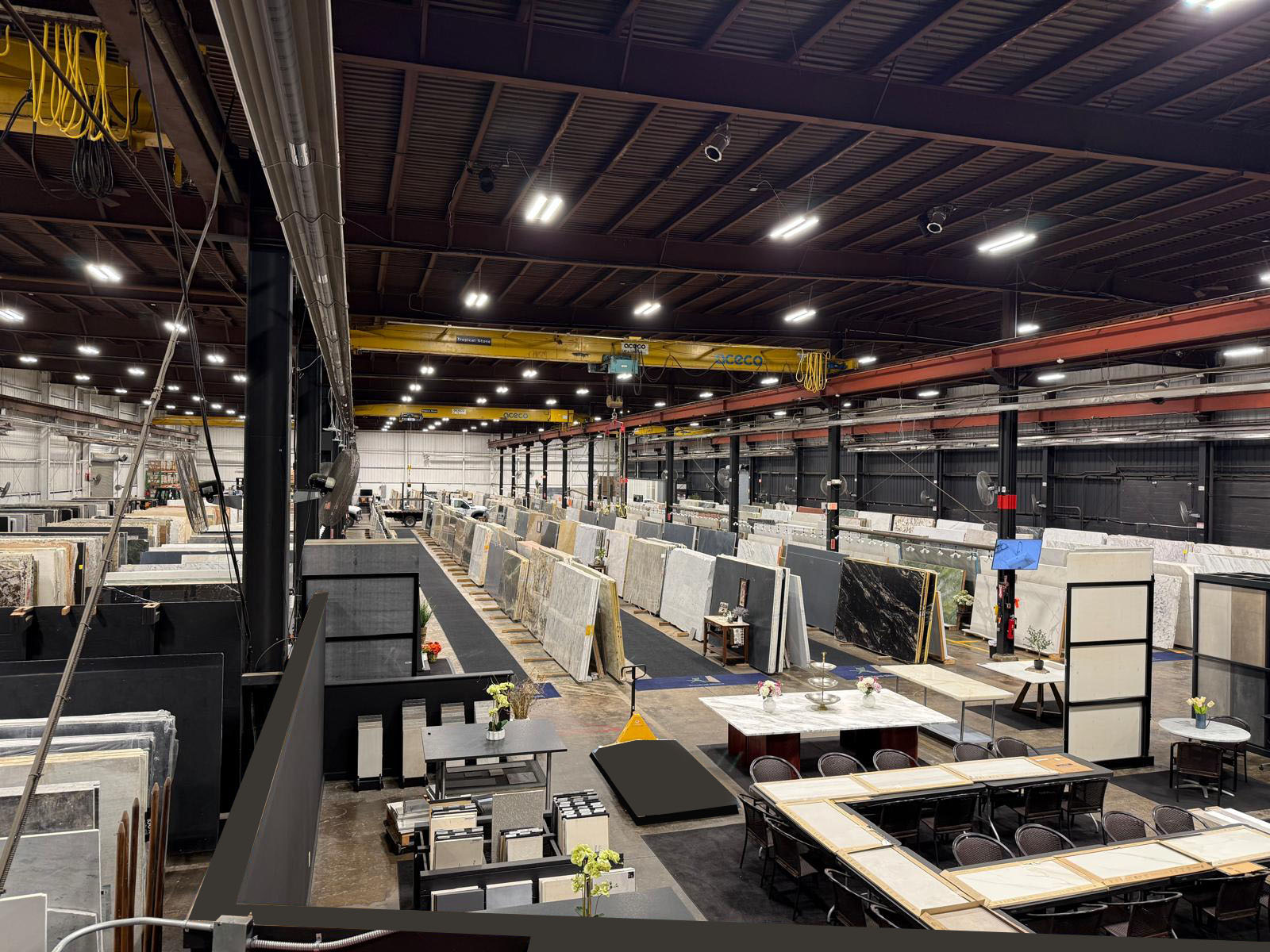 Wide view of the Tropical Stone showroom and slab warehouse